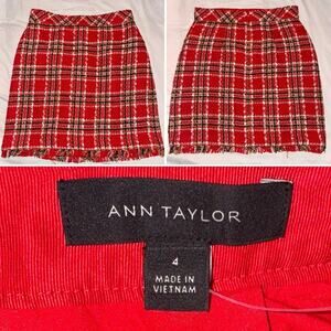 Ann Taylor Plaid Fringe Tweed Skirt Classic Red 578511 Sz 4 Top Of Knee NWOT